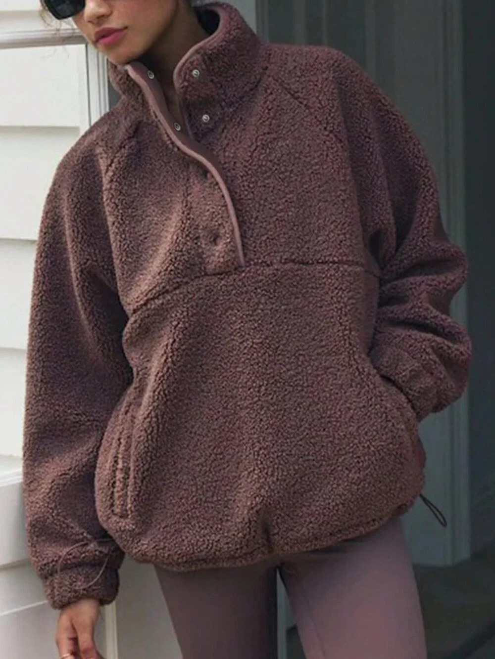 Brown Casual Women's Pocket Zipper Fleece Jacket